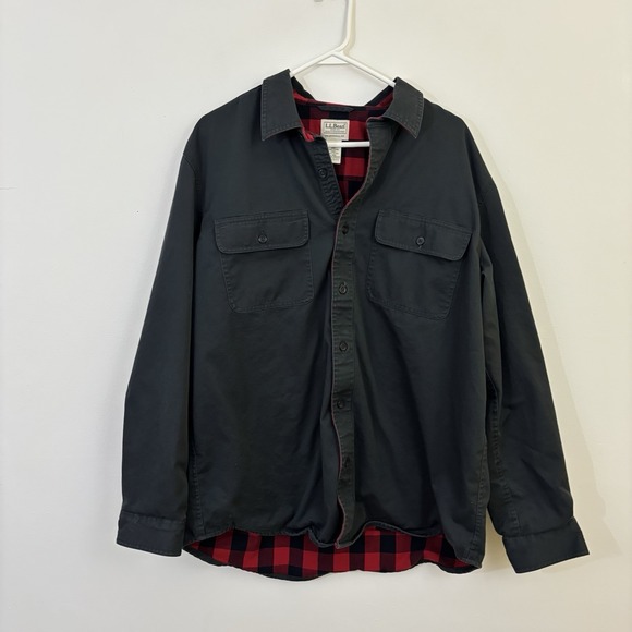 LL Bean Mens L Canvas Shacket Shirt Red Plaid Interior Button Down Chore Utility - Picture 5 of 8
